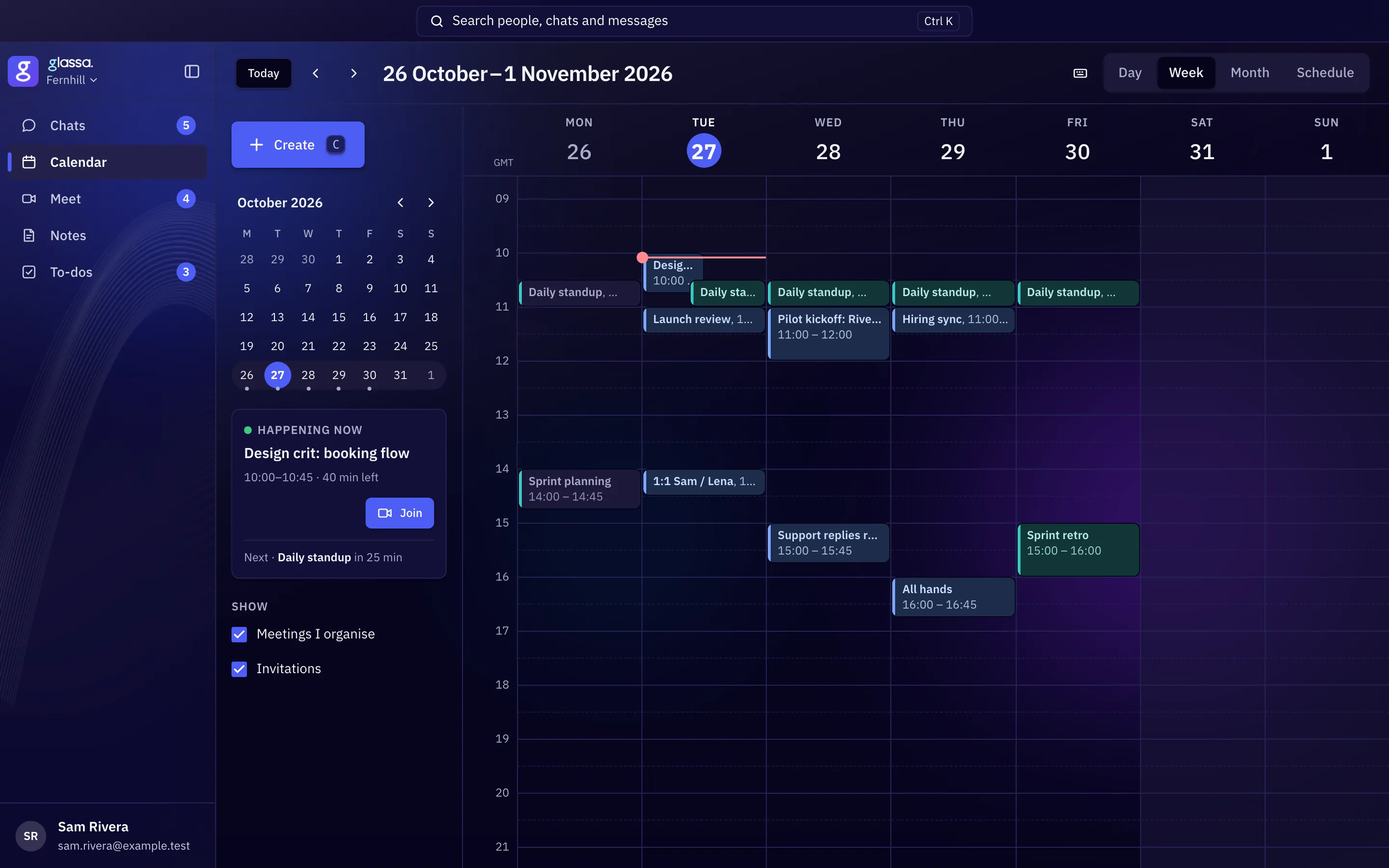Sam’s week at Fernhill, 26 October to 1 November: standups, a pilot kickoff, a hiring sync and an all hands, and a card for the design crit happening now, with a Join button.