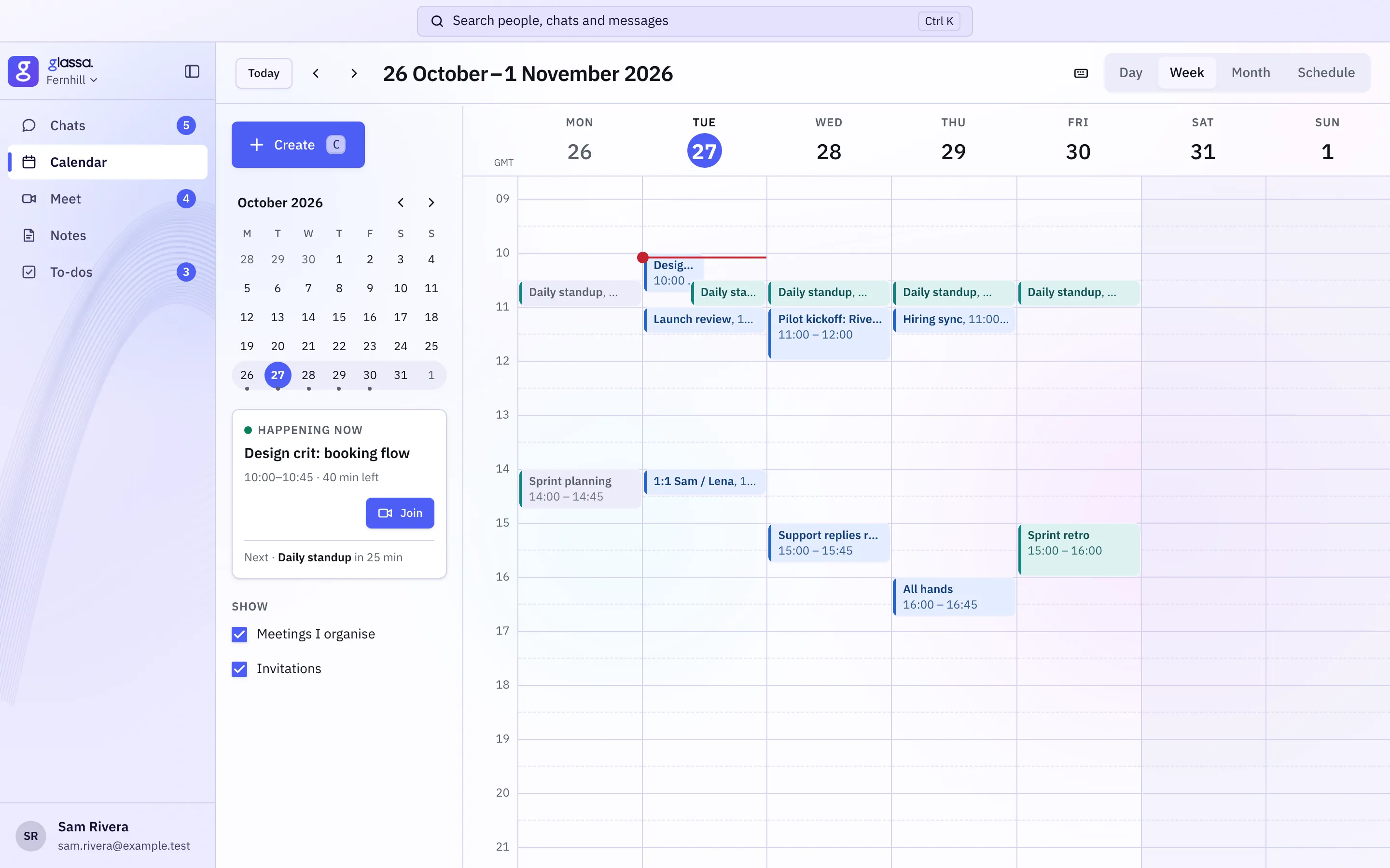 Sam’s week at Fernhill, 26 October to 1 November: standups, a pilot kickoff, a hiring sync and an all hands, and a card for the design crit happening now, with a Join button.