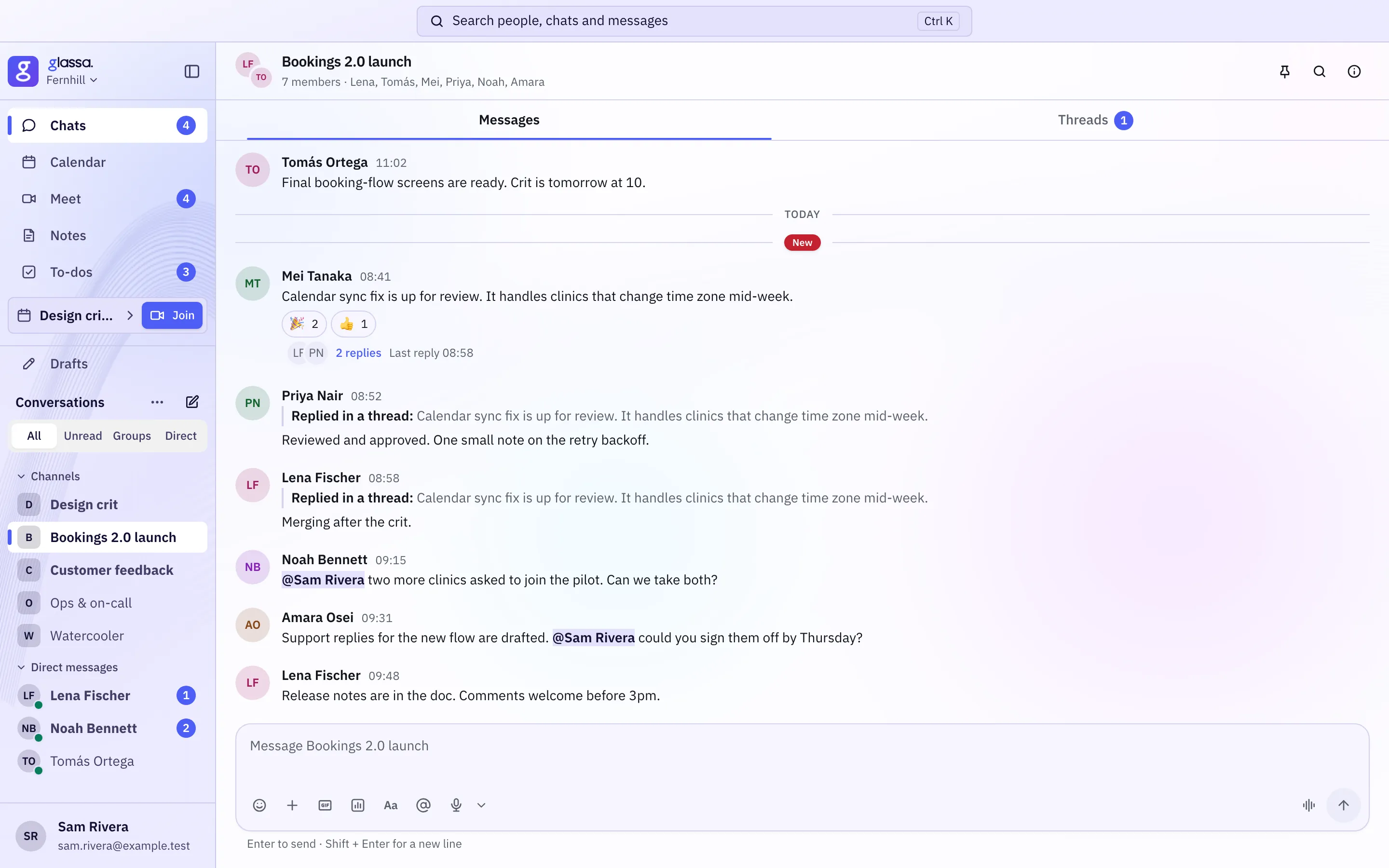 The Bookings 2.0 launch channel at Fernhill: the day’s messages, reactions, a thread with two replies, two mentions of Sam and the message box.